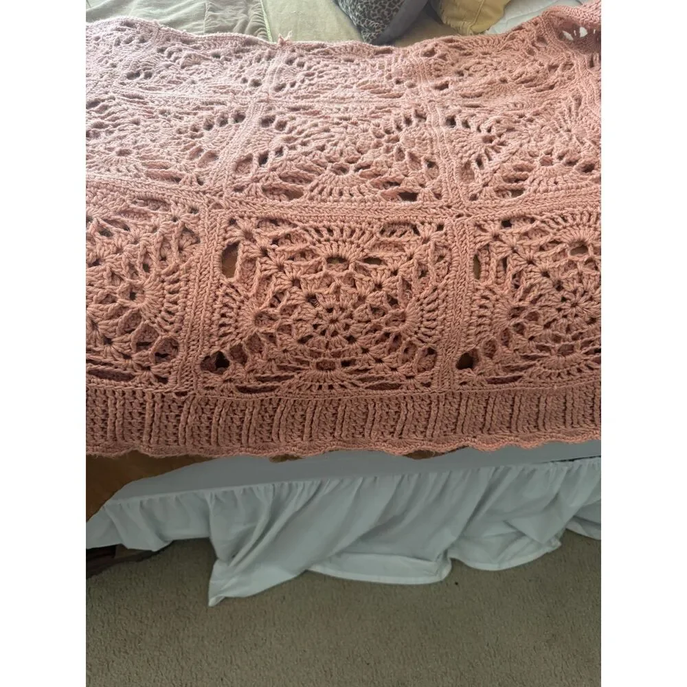 Vintage Style Handmade Crochet Blanket Pink Floral Medallion Cottagecore 64x80